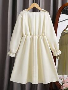 Robe casual à manches longues col claudine pour filles, robe élégante avec taille cintrée et décoration de perles, couleur abricot, convient pour l'automne/l'hiver