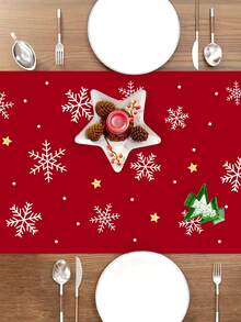 1pc 35*180cm/13.78*70.87inch Christmas Tablecloth With Red & Gold Christmas Tree And Snowflake Pattern, Suitable For Dining Table, Entryway, Coffee Table Holiday Decor, Fabric Winter Seasonal Decoration - Multicolor - View 3