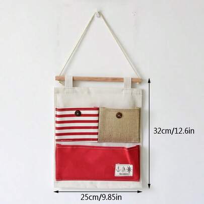 1pc Cotton Linen Solid Color Striped Patchwork Storage Bag, Multi-Functional 3 Pocket Hanging Storage Pouch/Wall Organizer