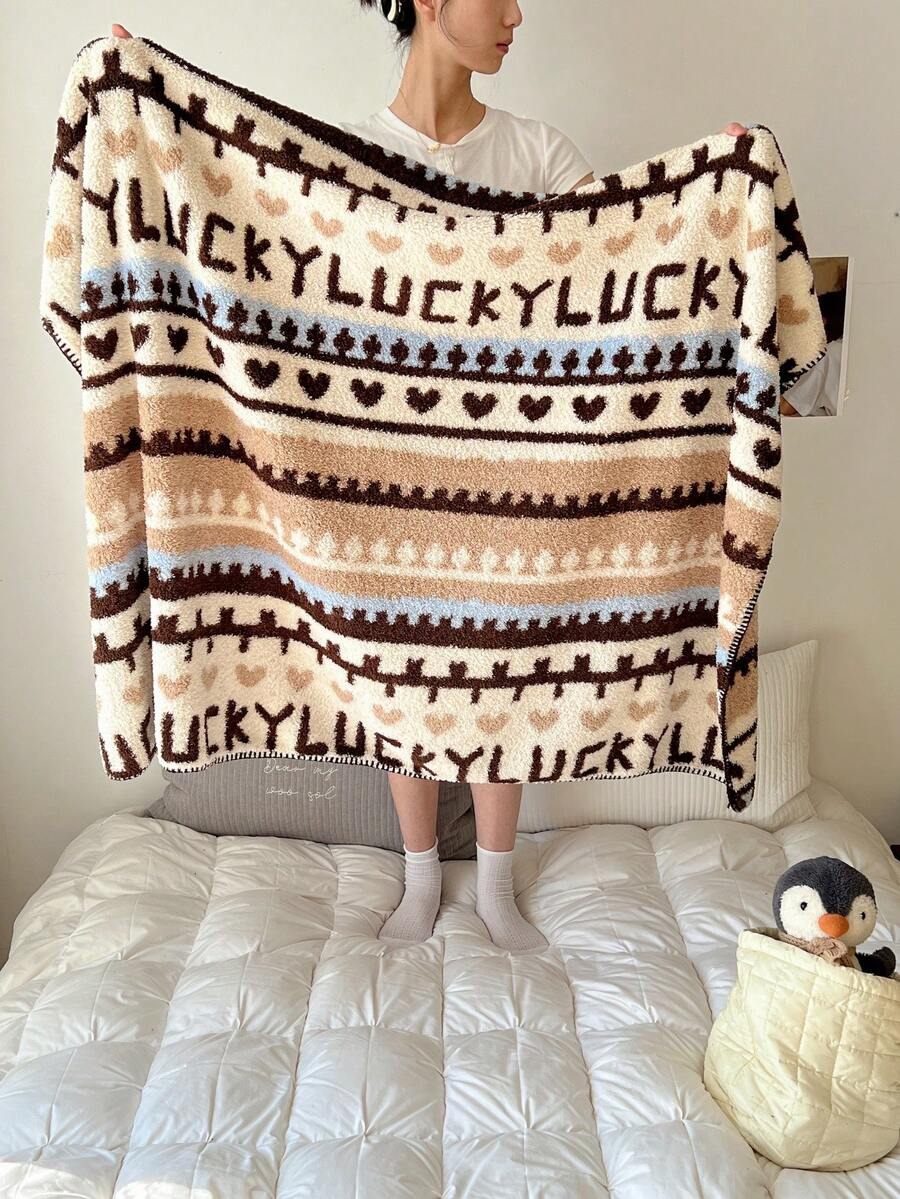 1pc Bohemian Style Double-Sided Printed Thickened Half-Fleece Knitted Blanket/Throw/Towel, Suitable For Office Nap/Sofa/Air Conditioning, Thick Hypoallergenic Knitted Blanket - Luxury Nordic Heart Pattern, Suitable For Bedroom And Sofa, Mixed Color, Multi-Purpose,Fall Decor,Autumn Decor,Room Decor - Coffee Brown - View 1
