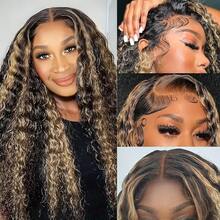 Highlight Deep Wave Wig Human Hair 1b/27 Black And Blonde Wig Human Hair Pre Plucked 13x4 Ombre Curly Lace Front Wigs 180 Density For Women Curly Highlighted Wig Human Hair 26inch - Highlight & Piano - View 6