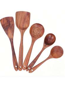 5 Piece Set Of Wooden Spoon Spatula Soup Spoon Tableware Wooden Kitchen Utensils Set Wooden Spoon, No Peculiar Smell, Corrosion Resistance And High Temperature Resistance, Multifunctional Shovel Spoon Series - Cà phê nâu - Xem 2