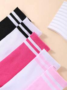 5双装儿童足球袜条纹长款运动袜，适合男孩女孩青少年跑步、训练、橄榄球、曲棍球等运动，是返校礼物、感恩节/圣诞节的理想选择。（黑色/白色/粉色/玫红色/条纹款） - 彩色 - 查看 9