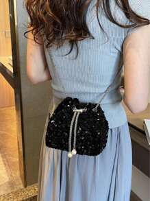 1 件闪亮金色亮片抽绳封口 PVC 肩带，适合作为女士装饰性彩色串珠单肩包/斜挎包，适合派对礼服、舞会礼服、亮片礼服、优雅毕业礼服、新娘送礼会的时尚礼物