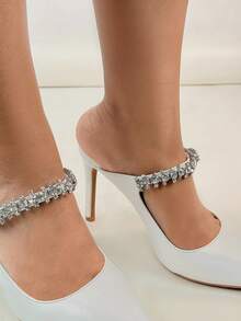 Zapatillas de tacón stiletto con puntera puntiaguda, decoradas con cristales, de estilo sexy europeo y americano - Blanco - Ver 3