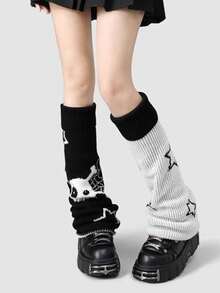 1 Pair Y2K Flare Leg Leg Warmers, Asymmetric Wide Leg Skeleton & Star Design, Reversible Wear, Cosplay Harajuku Style Leg Warmers For Women - Multicolor - View 2