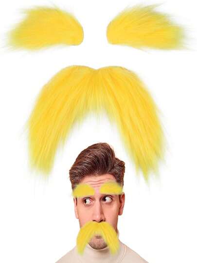 Yellow Mustache And Eyebrows Self Adhesive Fake Mustache For All Ages,Fake Beard And Eyebrows For The Yellow Monster Costume Book Character Costumes Halloween Funny Cosplay Party Accessories