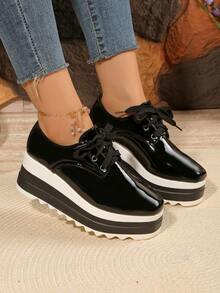 2025 Women's New Dual-Color Sole Platform Shoes, Round Toe Lace-Up Casual Sneakers, College Style, Suitable For All Seasons, Black Thick Bottom Wedge Shoes, Height Increasing Autumn Footwear - Black - View 5