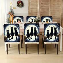 1 Stück/4 Stücke/6 Stücke/10 Stücke Halloween Katze unter dem Mond Muster Kurz-Plüsch Stuhlbezug, abnehmbarer Kurz-Plüsch Material Stuhlschutz Überzug, geeignet für alle Jahreszeiten, Feiertags-Dekor Stuhlbezug für Esszimmer, Wohnzimmer, Heim-Stühle mit Rückenschutz, passend für Esszimmer, Büro, Wohnzimmer, Hotel und Heimdekoration