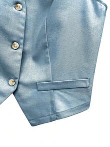 女士休闲亚麻短款西装背心，适合春夏季度假 - 淺藍色 - 查看 6