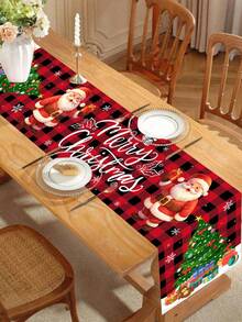 1pc 35*180cm/13.78*70.87inch Christmas Decorative Table Runner, Red & Black Plaid Santa Claus & Christmas Tree Gift Pattern, Suitable For Home Dining Table, Coffee Table, Party Decor, Holiday Gift Essential Textile Decoration - Multicolor - View 11