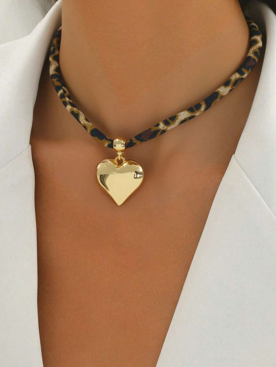 1pc Leopard Print Heart Pendant Necklace, Daily Accessory, Date, Party Necklace, Women Gift