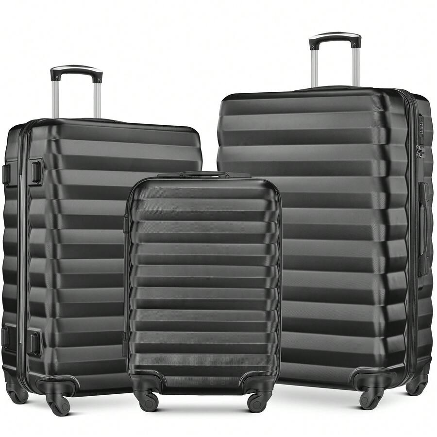 Luggage Set 3 Piece Suitcase Sets With Spinner Wheel, ABS Hardside Travel Laggage Travel Suitcase Suitcases Suit Case Durable Travel Luggage,Combination Lock, 360° Smooth-Rolling Wheels, Large Capacity For Travel, Ideal For School/College/Office Use, Suitable For Boys/Girls/Women/Man, Perfect For Trips & Daily Needs - 黑色 - 查看 1