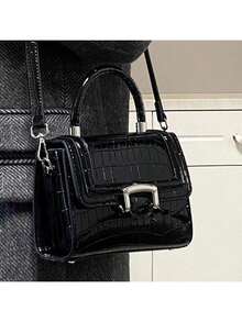 Niche Design, High-End Crocodile Pattern, Small Square Bag, Handle, Fashion Commuter Handbag, Shoulder Messenger Bag (Black) - Black - View 3