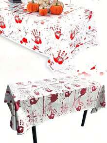 2 piezas 72*54 pulgadas Mantel de mesa con estampado de huellas sangrientas de Halloween, decoración de mesa sangrienta de Halloween, centro de mesa para mesa de comedor, mantel rectangular de zombi sangriento, adecuado para Halloween, fiesta de terror, casa embrujada, decoración, broma del Día de los Inocentes - Multicolor - Ver 1