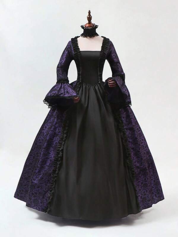 Novo vestido longo estampado estilo palácio vintage, traje vitoriano para performance em Halloween