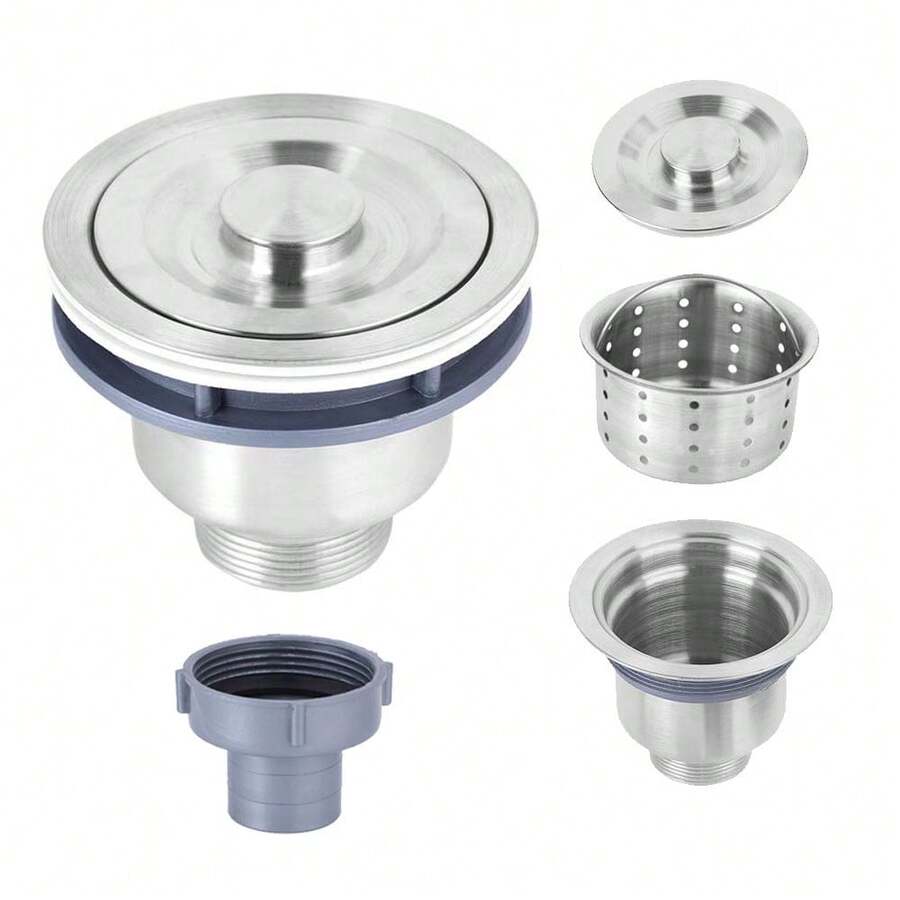 110mm Stainless Steel Sink Drain With Strainer, Kitchen Sink Drain Pipe Accessories With Sealing Cover, Clogging Prevention - Silver - View 1
