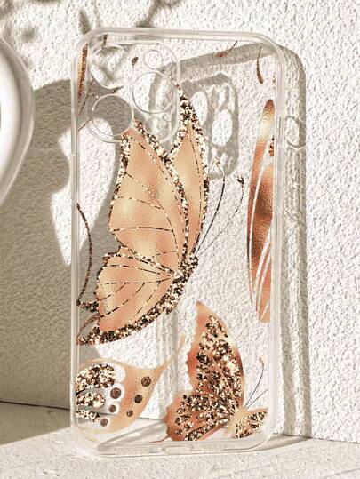 1pc 2D Transparent Golden Butterfly Soft Phone Case, Compatible With IPhone, Honor, Redmi, Galaxy A04e/12/A13/A14/A34/A50/A52/A53/A54/S21/S22/S23/S24/S25/S25Ultra, 6A/7A/8A, 12T/13T Waterproof Shockproof Anti-Fall Scratch Resistant