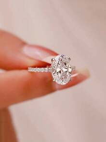 奢华欧美四爪仿莫桑石钻石戒指，椭圆形鸽蛋形，女士 - 彩色 - 查看 5