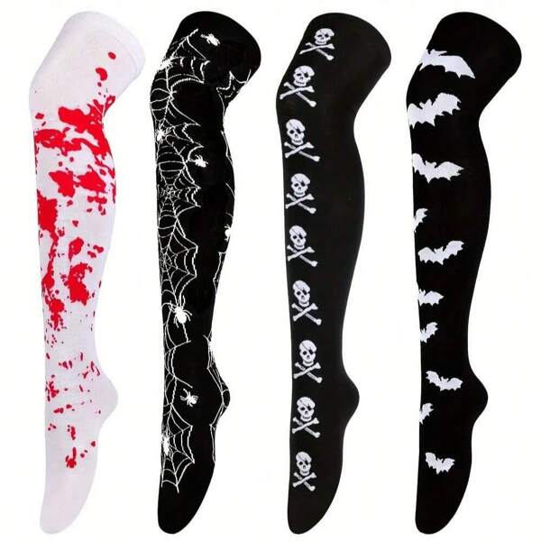 2 pares de medias largas de mujer para Halloween con diseños de sangre, murciélagos y arañas, accesorios para disfrazarse, medias largas de calavera para otoño e invierno con diseños de dibujos animados
