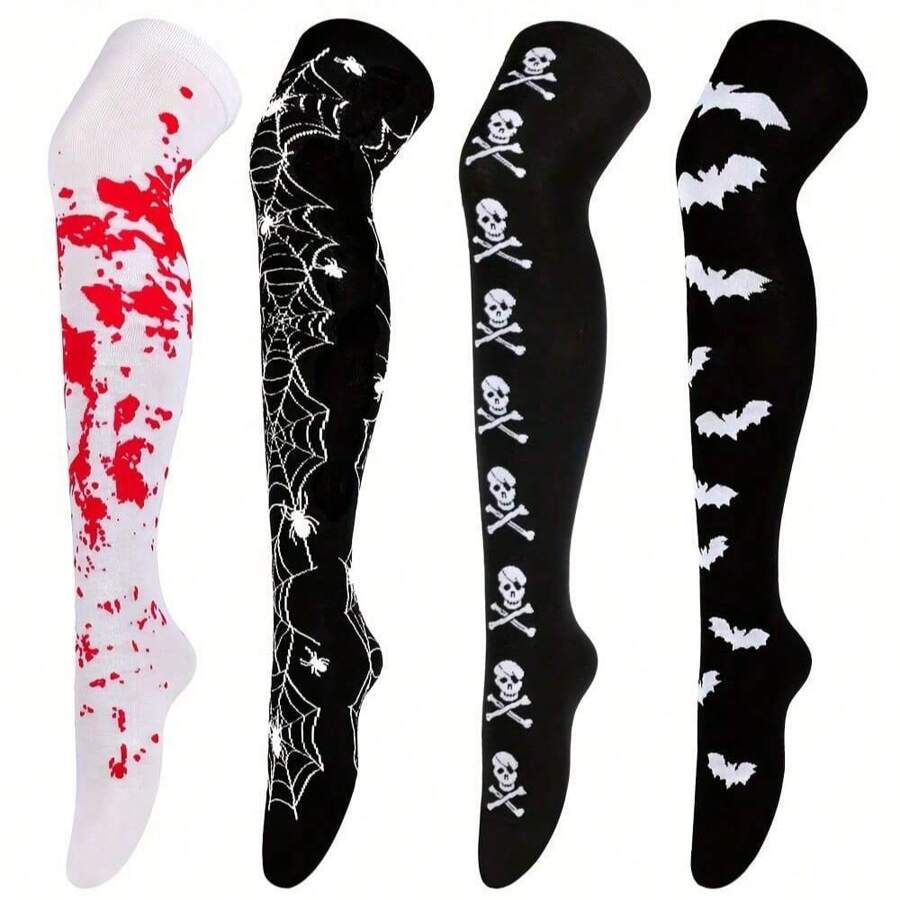 2双装女士万圣节长筒袜带血、蝙蝠和蜘蛛，节日装扮道具，骷髅头秋冬卡通长筒袜
