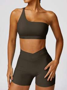 MASKERT 女士健身短裤、瑜伽裤、跑步运动裤、高弹力运动裤 - 巧克力棕 - 查看 5