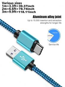 1条USB-C快速充电线[3.3英尺/6.6英尺/10英尺] USB-A转C尼龙编织充电线，兼容三星Galaxy S25 S24 S23 S22 S21 S10、Note 20 10 9 A51 G8 G7、Pixel及其他USB-C设备 - 寶藍色 - 查看 8