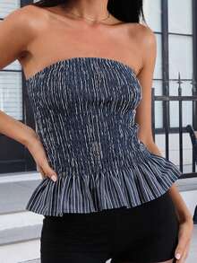 Women Smock Tube Tops Summer Vertical Stripe Print Ruffled Hem Bandeau Backless Shirts For Streetwear - 藍色 - 查看 1