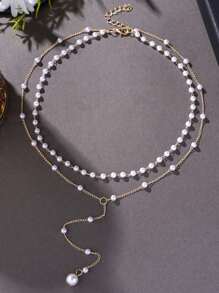 1-Piece Fashion Simple And Elegant Style Faux Pearl Y-Shaped Multi-Layer Necklace Set, Suitable For Ladies' Vacations, Parties, Dinners, Photography And Daily Matching