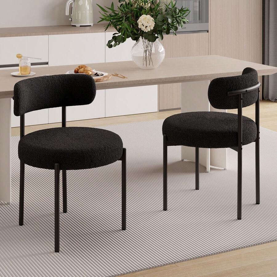 Nalupatio Set Of 2 Modern Dining Chairs – Round Boucle Upholstered Kitchen Side Chairs With Curved Backrest, Thick Cushion & Metal Legs ,Mid-Century Style PU Leather Seat Chairs For Dining Room, Kitchen, Living Room - màu đen - Xem 1