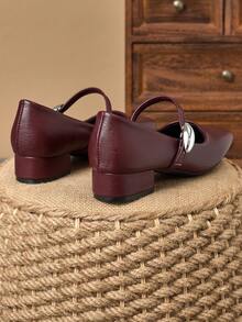 MonaNise 女士3厘米布面包跟黑色时尚百搭玛丽珍低跟粗跟优雅平底鞋，另有藏蓝色、咖啡色、酒红色可选 - 復古紅色 - 查看 6