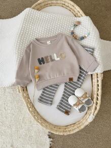 2 件套男女通用婴儿服装，字母刺绣运动衫和裤子套装，春秋季休闲装 - 卡其色 - 查看 2