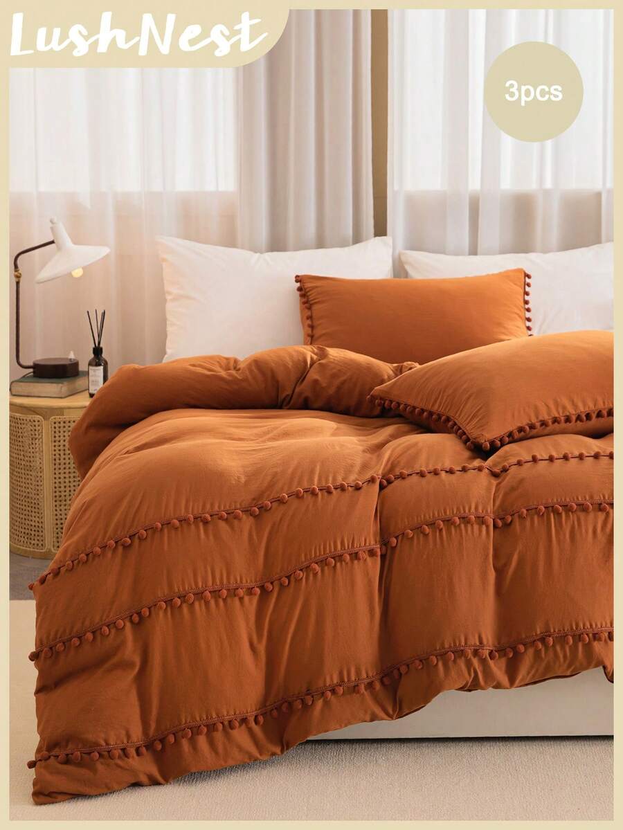 Bộ chăn ga trải giường Burnt Orange tua rua Pom Pom cỡ đôi Queen cỡ King Boho Farmhouse 3 món chăn ga trải giường bằng sợi nhỏ siêu mềm thoáng khí 1 chăn ga trải giường có khóa kéo 2 vỏ gối không kèm chăn bông Quà tặng cho nam và nữ cho mọi mùa - Màu Cam cháy - Xem 1