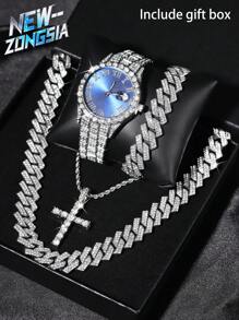 5 Pcs Hip Hop Gift Watch+Cross Pendant Necklace+Bracelet Creative Iced Out Miami Link Chain Jewelry Set For Men And Women - Royal Blue - View 8