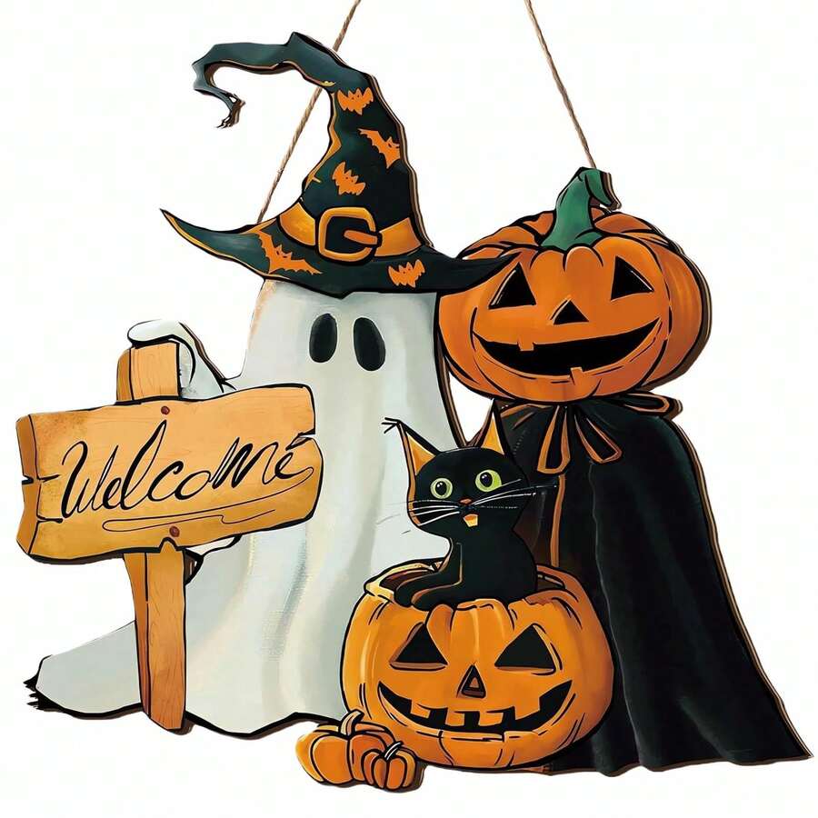 Halloween Door Sign - Halloween Door Decorations Halloween Welcome Sign Halloween Door Hanger Wooden Pumpkin Halloween Front Door Decor Hanging For Home Wall Decor Halloween Party Supplies - Multicolor - View 1