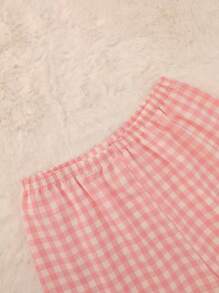 格子家居服套装，甜美可爱的翻领纽扣上衣和长裤，女士睡衣家居服，秋冬服装 - 粉色 - 查看 7