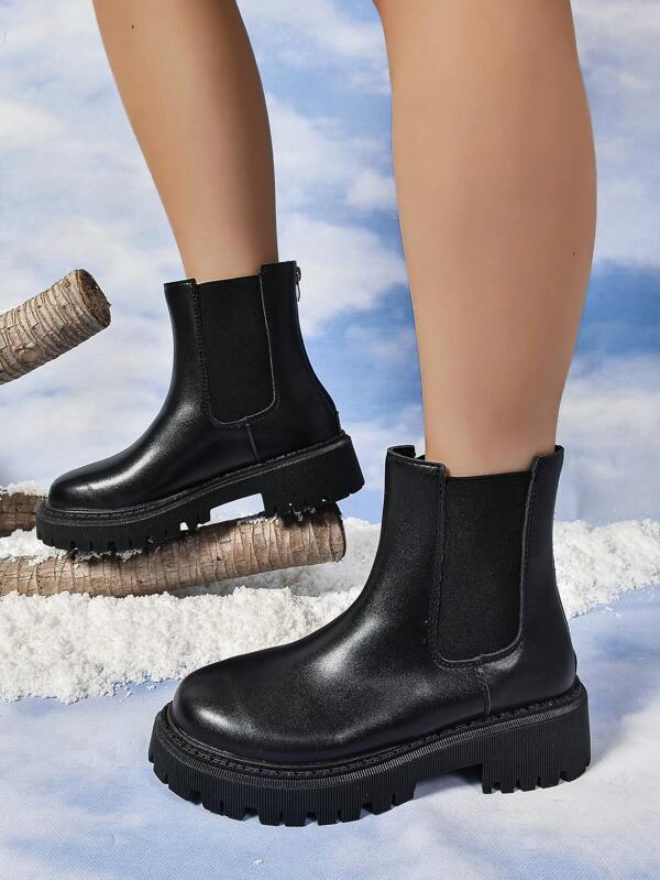 Western Style Women's Thick Sole Boots, Fashionable & Versatile Chelsea Short Boots, Black Utility Boots For Spring, Autumn & Winter