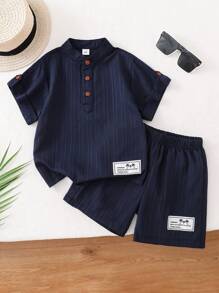 Young Boy Plain Textured Henley Neck Shirt And Shorts Set