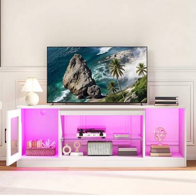 BALCONERA Modern 65-Inch TV Stand Cabinet – Adjustable Glass Open Shelves, Living Room/Gaming Room/Hallway/Bedroom Furniture