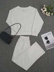 女士时尚休闲舒适V领罗纹袖长袖上衣+长裤，秋冬春季 - 灰色 - 查看 5