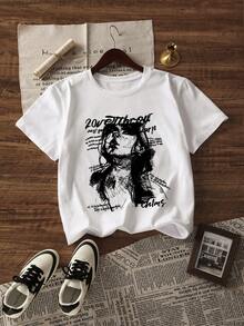 全新夏季简约素描女孩图案印花 T 恤，独特设计 - 白色 - 查看 4