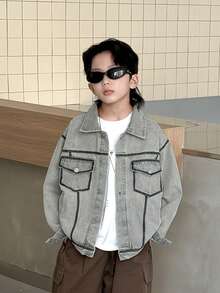 Boys' Loose Fit Denim Jacket, Suitable For Casual, School, Outdoor Wear, Autumn - Grey - View 5