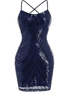 Teen Homecoming Dress Sequins Bodycon Mini Spaghetti Strap Floral Glitter - 藏蓝色 - 查看 3