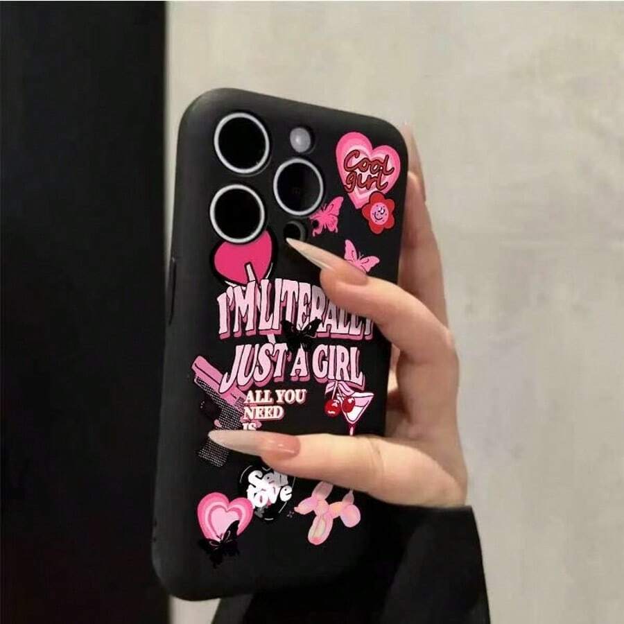 Funda para teléfono con diseño de dibujos animados, bordes rectos, color negro, resistente a caídas, compatible con phone 11, 12, 13, 14, 15 y 16 - Negro 2 - Ver 1