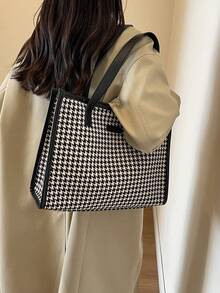 千鸟格图案大号托特包，女士时尚简约大容量单肩包，通勤百搭 - 黑色 - 查看 4