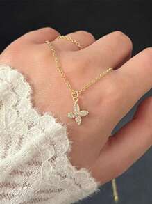 1 件三叶草水钻吊坠项链，奢华优雅的设计，适合女性日常佩戴 - 金黃色 - 查看 1