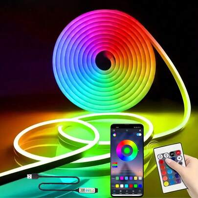 3,28 pies /6,56 pies /9,84 pies /16,4 pies Luces LED, Tira de luz de neón LED 5V RGB, Tira de luz de neón LED para dormitorio, Control remoto de 24 teclas, Luces de cuerda inteligentes RGB que cambian de color, Decoración de dormitorio, sala de estar, familia, fiesta de Navidad, Control de aplicación de teléfono móvil, Luces de cuerda LED, Artículos de decoración de habitación