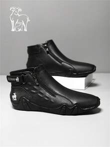 Men's Casual High-Top Leather Boots With Side Zipper Design, For Daily Wear - Black - View 6