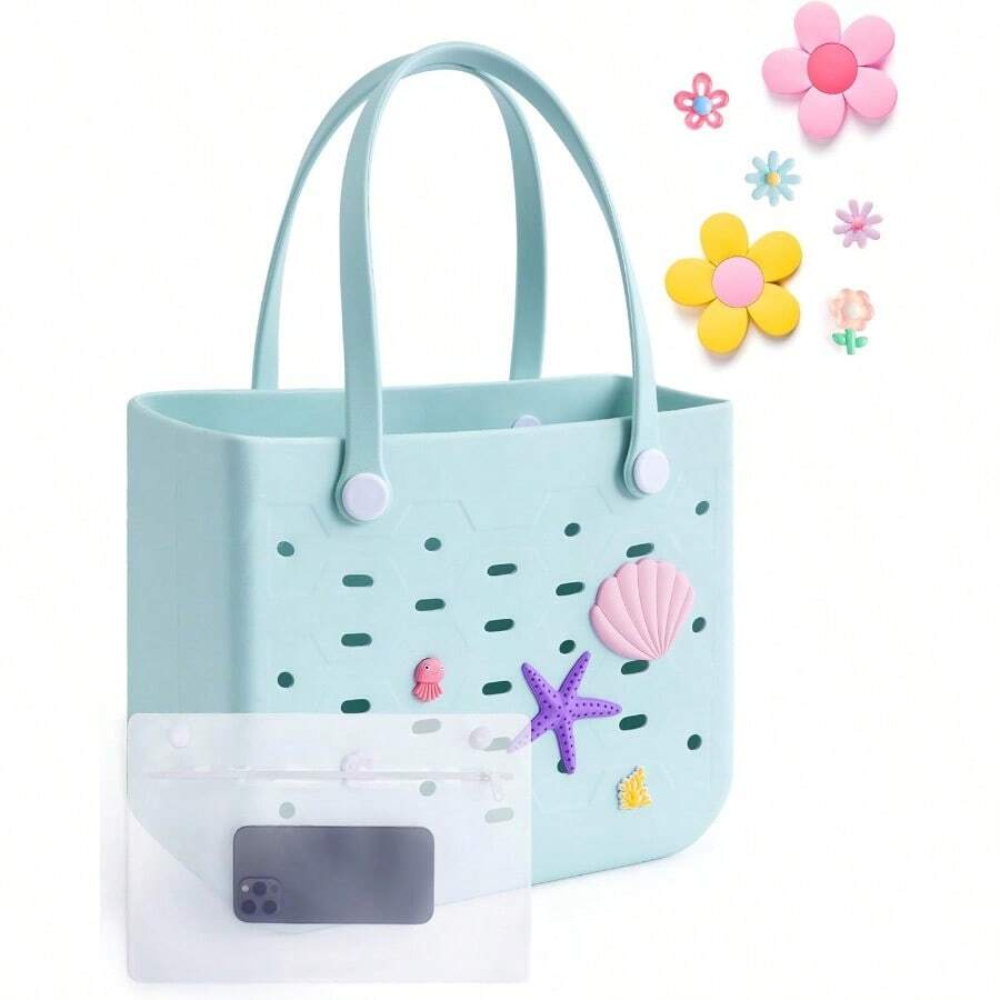 Beach Bag For Women Waterresistant Rubber Tote Bag Sandproof Vacation Essentials For Summer Swim Cruise Pool - 藍色 - 查看 1