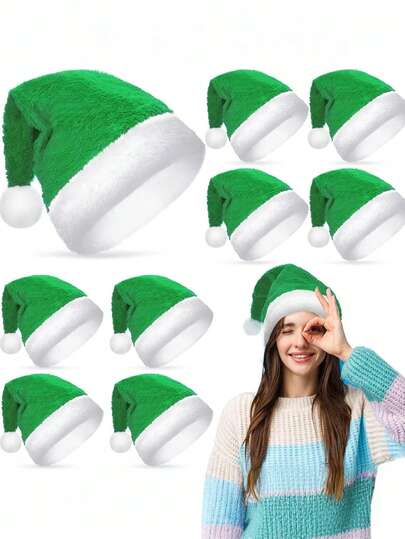 2 件套成人圣诞老人帽子，绿色中性风格加厚天鹅绒温暖舒适新年假期派对，红色毛绒边缘成人圣诞帽，无纺布帽，成人圣诞帽，男女通用天鹅绒舒适加厚毛皮圣诞帽，适合新年节日派对，成人圣诞节帽子，触感柔软舒适的天鹅绒加厚圣诞帽，适合圣诞节新年派对用品